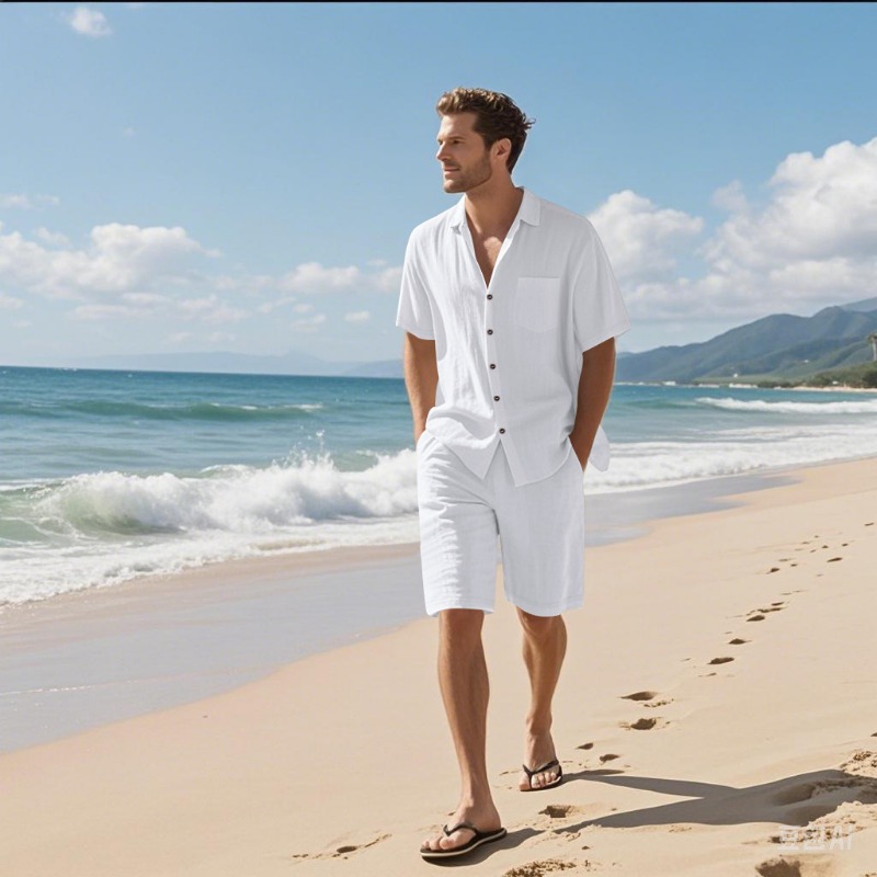 Linen Shirt Summer - Heren linnenmix camp collar overhemd en