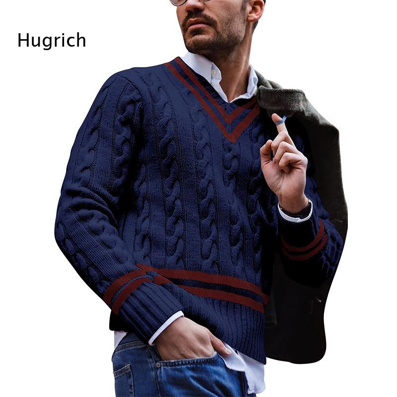 Men'S Fashion V Neck Sweater - Modieuze heren trui met kleurblokken, gestreept,